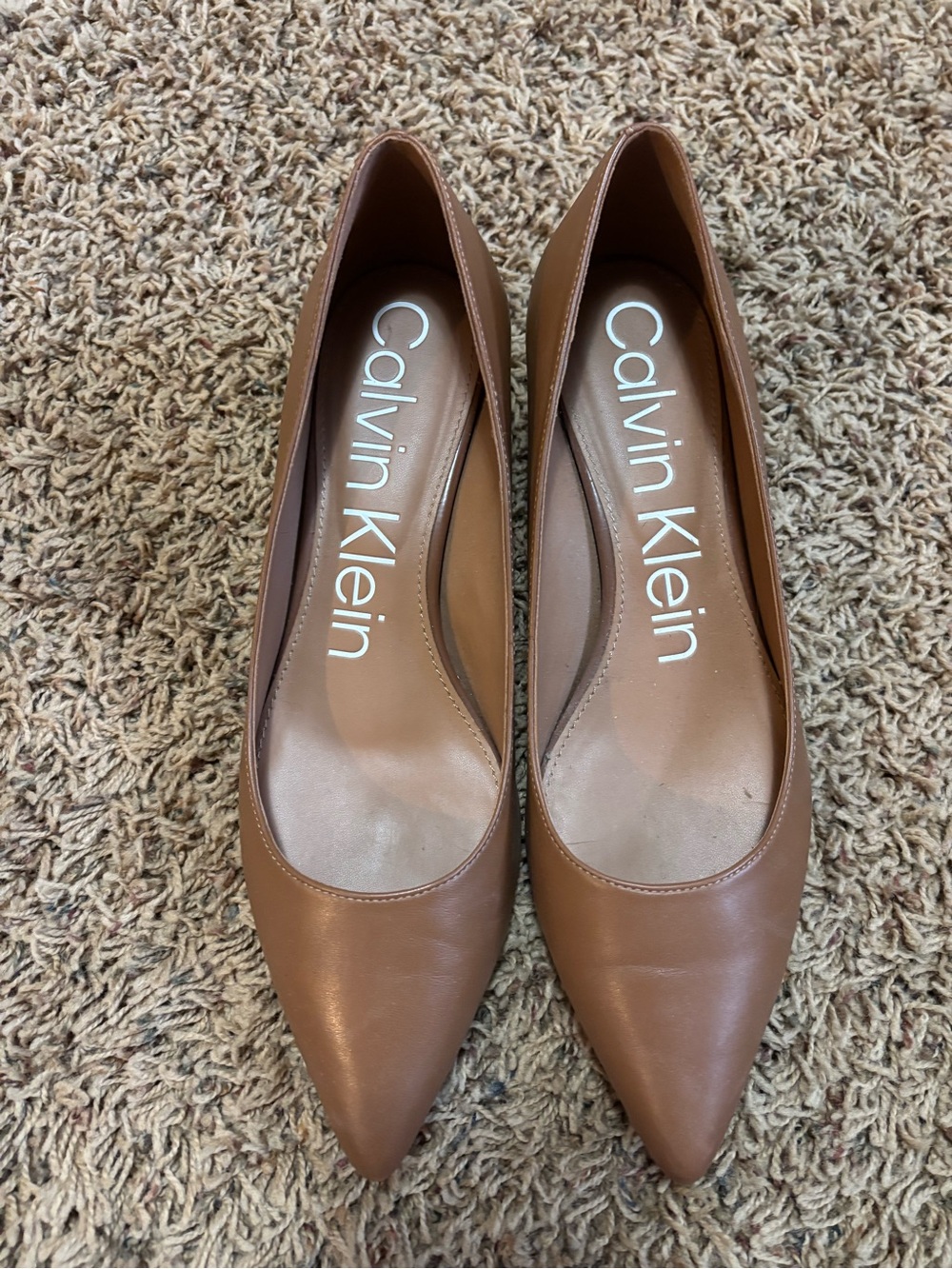 Calvin Klein Tan Pointed-Toe Leather Flats